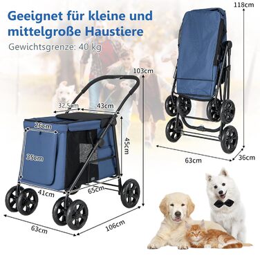 Візок для собак та котів GYMAX, складаний, до 40 кг, з кишенями та сітковими вікнами, універсальні колеса та ручка, блакитний