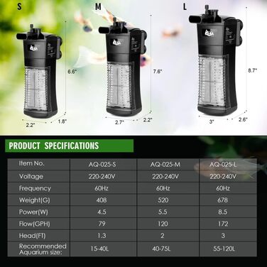 Фільтр для акваріума AQQA, внутрішній, 5.5W, 400 л/год, до 200 л