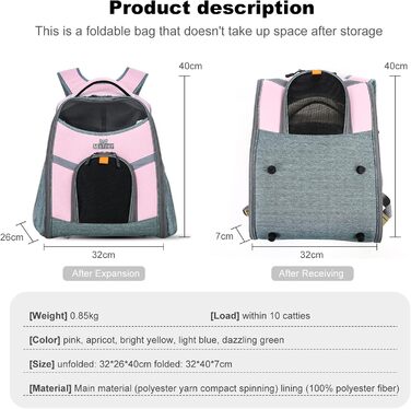 PETCUTE Рюкзак для тварин, рюкзак для собак, дихаючий та складаний рюкзак для котів з внутрішньою страховою стропою, світловідбиваючими смугами, рюкзак для собак з виймальною підстилкою, до 8 кг (Рожевий)