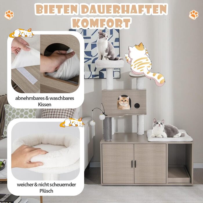 Дім-кігтеточка для котів COSTWAY з будиночком, ігровим м'ячиком та подушкою, сірий, 95x55,5x132 см