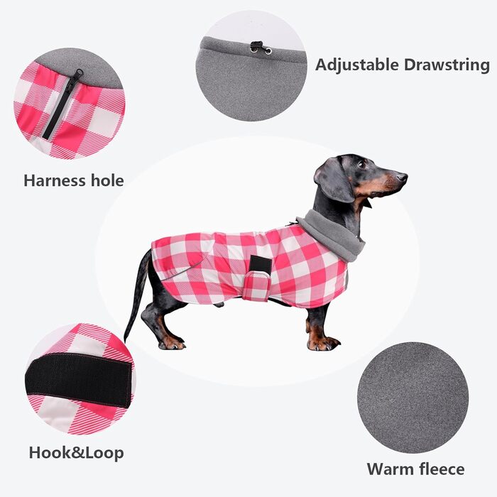 MOREZI Водонепроникна зимова куртка для собак, з флісовою підкладкою, для такс та інших порід, у клітинку рожевого кольору, з регульованим поясом та світловідбиваючими елементами, розмір XS (довжина спини 29-32 см)