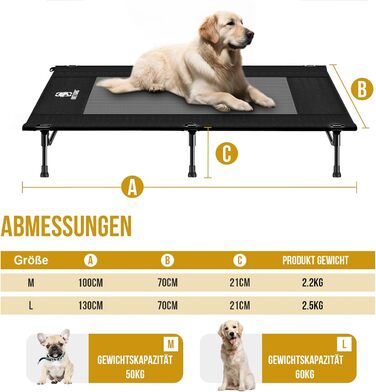 OneTigris лежанка для собак Outdoor, піднята лежанка 21 см, 130x70 см, зручна та дихаюча, міцна, легко миється, для кемпінгу, чорна L