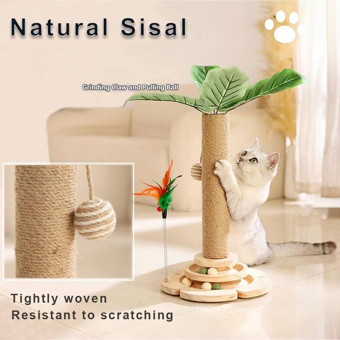 Кігтеточка для котів Marchul велика з м'якою плюшевою оббивкою та іграшкою-м'ячиком, 68 см, бежевий колір