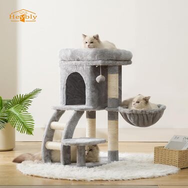 Кігтеточка Heybly Kratzbaum 75 см: кігтеточка-вежа з платформою, будиночком, гамаком, драбиною та іграшками для котів, сірий колір, HCT009SM