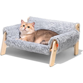 Підвищене дерев'яне котяче ліжко MEWOOFUN, 56x45 см, міцний великий котячий диван, модний стілець для котів із знімним чохлом, витримує до 10 кг, сірий