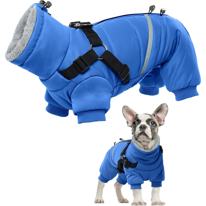 Водонепроникний теплий зимовий одяг для собак середніх порід - теплий комбінезон Onesie з шлейкою, зимова жилетка, теплий пуловер для собак з кільцями D (Синій, M)