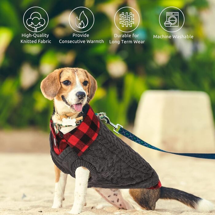 Теплий собачий светр CITÉTOILE з візерунком у клітинку, високим коміром та отворами для повідка – зимовий одяг для собак маленьких, середніх та великих порід, а також для котів, сірий, розмір M