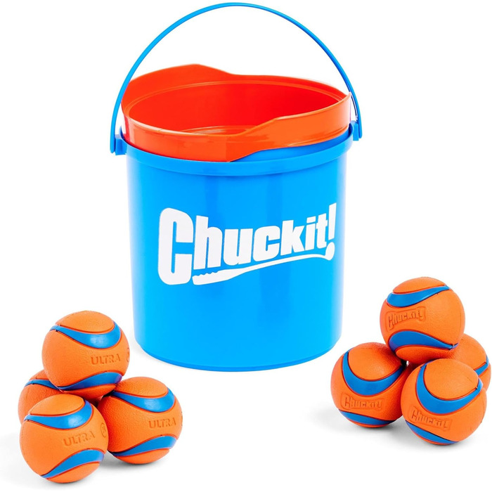 Chuckit! Ultra Ball набір іграшкових м'ячів для собак, міцна гумова іграшка з відром, високий відскок, плаваючий, сумісний з пусковим пристроєм, 8 шт.