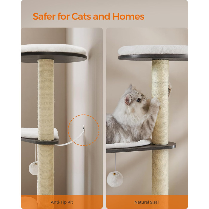 Дерев'яний будиночок для котів Feandrea WoodyWonders UPCT166G03, багатоярусний, з 5 стовпчиками для дряпання, лежаком, знімними подушками, сірий