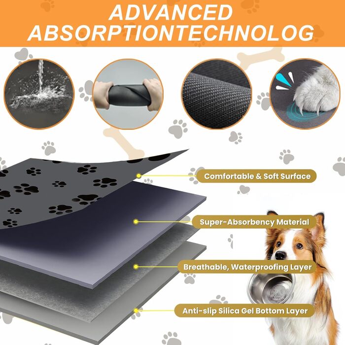 Килимок для годування собак, вбираючий, для корму та води, без плям, швидковисихаючий, з антиковзаючим покриттям, з принтом лап, темно-сірий, 44*75 см