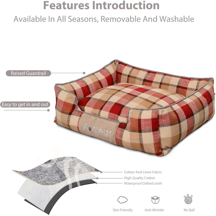 Ортопедичне ліжко для собак PETCUTE, середнього та великого розміру, знімний та миючий чохол, антиковзаюча поверхня, м'яке та комфортне, класичне, червоне