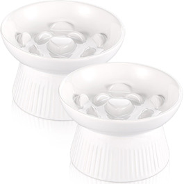 Підвищені миски для котів Layhit з кераміки, проти блювоти, повільне годування, для сухого та вологого корму, кошенята, для дому, 2 шт (Білий/розкішний сад)