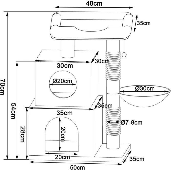 Кігтеточка для котів Lionto з м'ячиком та дзвіночком, висота 70 см, з сизалю та плюшу, зручна лежанка та печери, підходить для маленьких та великих котів, сірого кольору