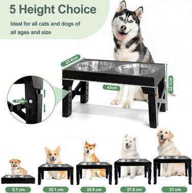 Підвищена годівниця для собак з регулюванням висоти (5 рівнів: 8см, 22см, 25см, 28см, 31см), з 2 мисками з нержавіючої сталі та 1 мискою для повільного годування, для собак маленьких, середніх та великих порід, з неслизьким дном, з BPA-free пластику, чорн