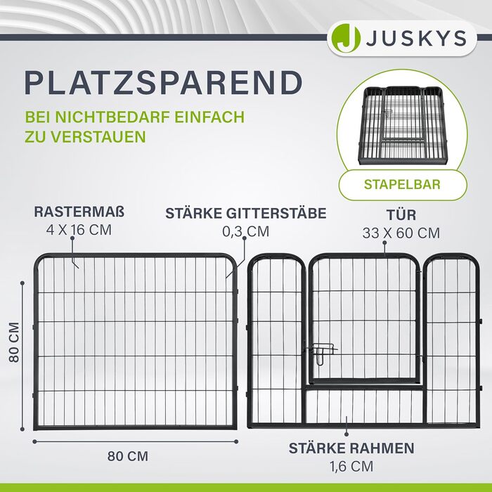 Вольєр для цуценят Juskys Plus 160x160x80 см, 8 секцій, металевий, з дверима, для собак, кроликів і дрібних тварин