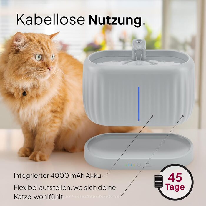 Водяний фонтанчик для котів KABELLOS Pretty Paw© з датчиком руху, преміум-якість, індукційний насос, 45 днів роботи від акумулятора, фільтр, резервуар 3 літри, Pure Flow Max (Сірий, 3Л)