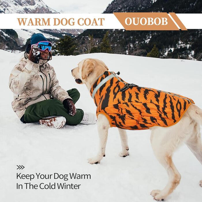 Теплий водонепроникний жилет для собак з інтегрованим шлейкою та світловідбиваючими елементами - зимовий костюм для собак, оранжевий, розмір M