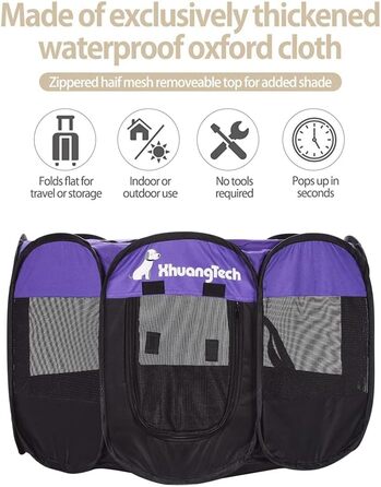 Клітка-манеж для тварин XhuangTech: собаки, коти, цуценята, 80x80x58,4 см, м'який матеріал, портативна, складана, для дому та вулиці, фіолетовий/чорний