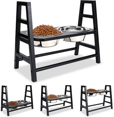 Підставка для годівлі собак з регулюванням висоти, дерев'яна, з двома мисками з нержавіючої сталі, нахил 15°, регулювання по висоті в 3 положеннях