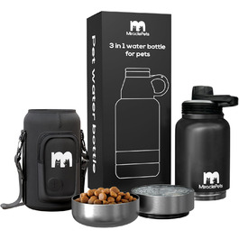 Пляшка для води Miracle Pets для собак, дорожня термобутилка 1 л, BPA-free, з мискою, аксесуари для цуценят, чорна з кришкою