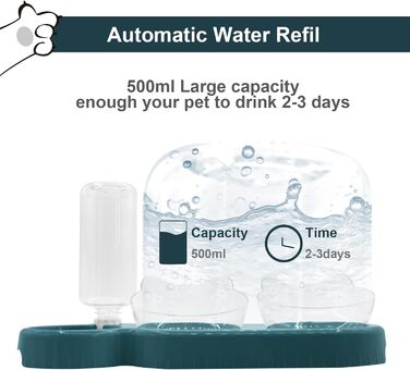 Набір мисок для котів та собак з диспенсером води, киликом та лопаткою, нахил 15°, миски для сухого та вологого корму, темно-синій