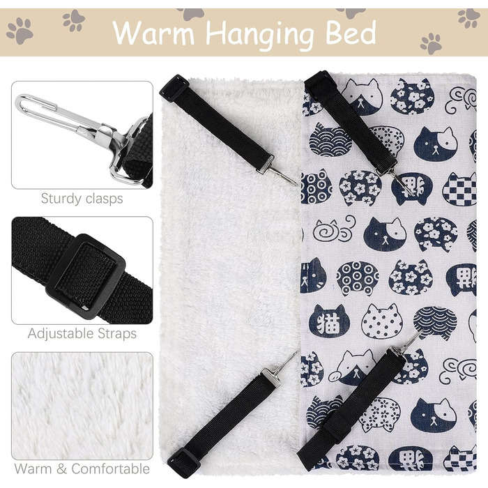 Кішка лежанка-гамак на підвісці, 3 шт. - тепла гамачна лежанка для котів та інших дрібних тварин з регульованими ременями та металевими застібками