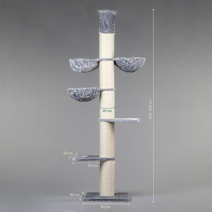 Когтеточка для великих котів RHRQuality Maine Coon Tower Plus, до 295 см, товсті стовпи 20 см, світло-сіра