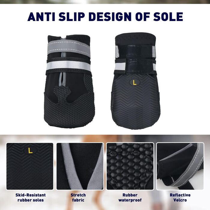 Чоботи для собак, 4 шт., водонепроникні, з антиковзким покриттям та світловідбиваючим ремінцем. Чоботи для собак, захист лап від дощу, для маленьких, середніх та великих собак (M, чорний)