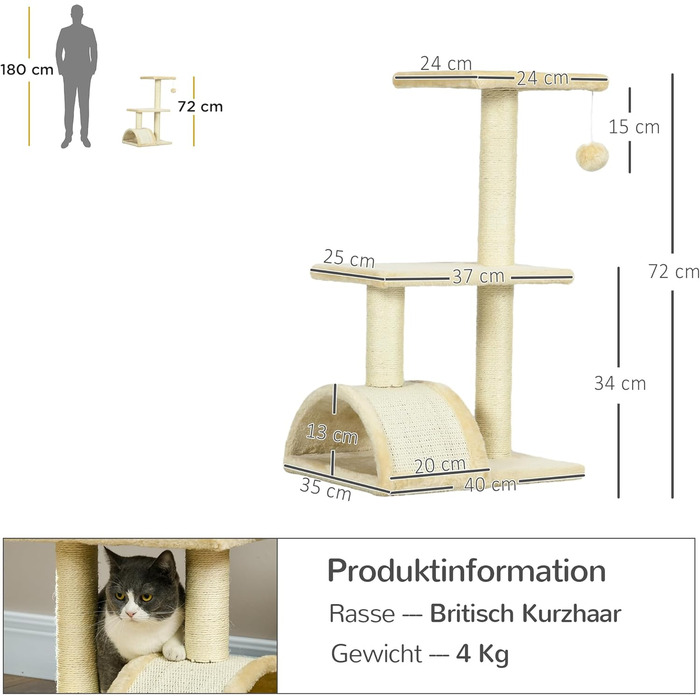 Кігтеточка PawHut для котів 72 см, багатоярусна, з м'ячиками, сизаль, платформа, для середніх котів, кремово-білий