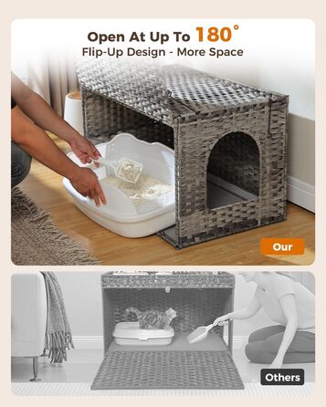 MUTTROS туалет для котів з ротанга, прихований туалет для котів, меблі з ручної плетіння, з високою дверцятами та піднятим бортиком, котячий будиночок-шафка для великих котів, для дому, вітальні, сірий