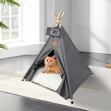 Намет для тварин Tipi: будиночок для собак та котів з м'яким лежаком (60x60x70 см, сірий)