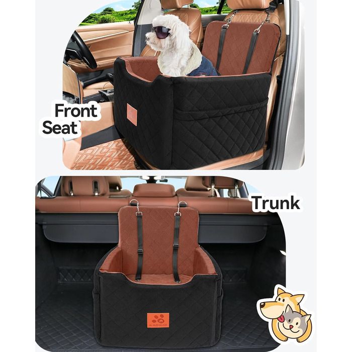 Автокрісло для собак маленьких та середніх порід (до 15 кг), знімний та миючий чохол, 2 ремені безпеки (чорний/коричневий)