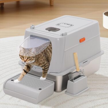 Набір для котячого туалету Yosamy Katzentoilette Edelstahl XXL, 60x40 см, з лотком, педалем та совком, легко миється, сірий