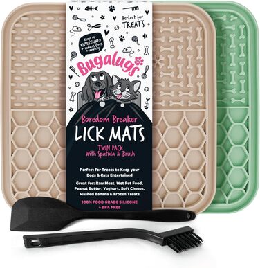 Килимки для годування собак та котів Bugalugs Licky Mats - 2 шт. (зелений та бежевий), 100% харчовий якість, BPA-free, зменшують стрес та тривогу