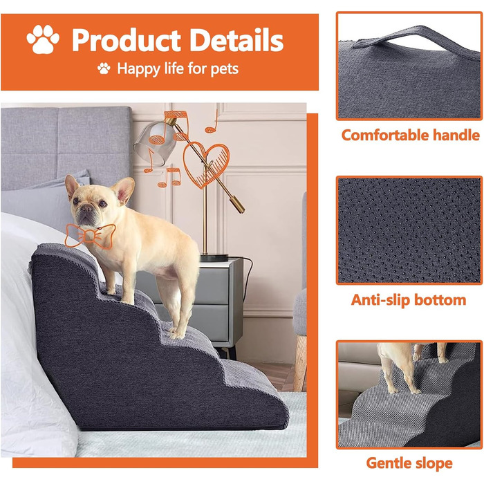 Сходинка для собак Galatée: зручна та стабільна, 5 сходинок, знімний, пральний чохол, протиковзка, для диванів, ліжок та авто