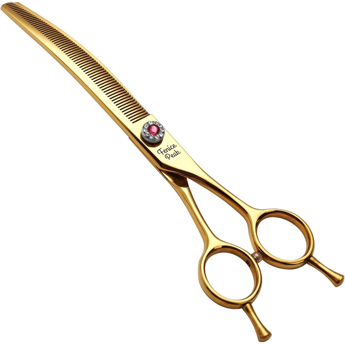 Професійні ножиці для собак Fenice Peak, JP440C, нержавіюча сталь, 17.8 см, вигнуті ножиці для фінальної обробки з 66 зубцями, кут 20-25°, титанове покриття, ергономічні ручки