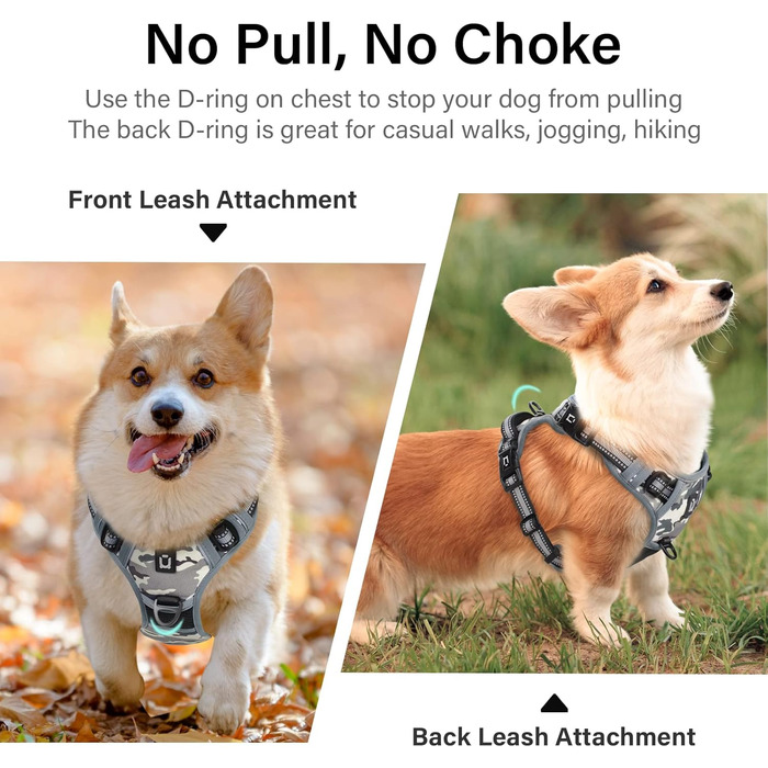 Нагрудник для собак No-Pull, антинатягний, для маленьких, середніх та великих собак - м'який, дихаючий, регульований, світловідбиваючий, з м'яким ручним захопленням (L, Camo Grey)
