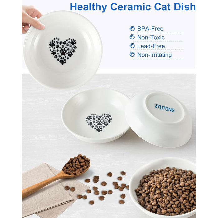 Керамічна миска для котів з віями, 14 см, широка годівниця для вологого корму, миска для котів з милим дизайном, зручна для котів з вусами, неслизька, біла, з сердечками та кігтиками, набір 6 штук