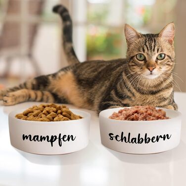 Керамічна миска для собак і котів з подвійним дном 'Mampfen + Schlabbern' | Набір мисок з/без підставки | Миска для корму, води для великих, середніх, маленьких собак і котів (2x 500 мл)