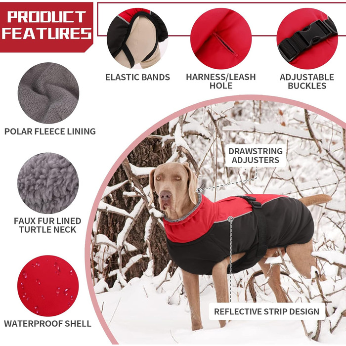 Водонепроникний зимовий одяг для собак: тепла куртка для маленьких, середніх та великих собак. Зимовий одяг для Лабрадора, Чихуахуа, Французького бульдога. З безпечними світловідбиваючими смугами. Червоний колір.