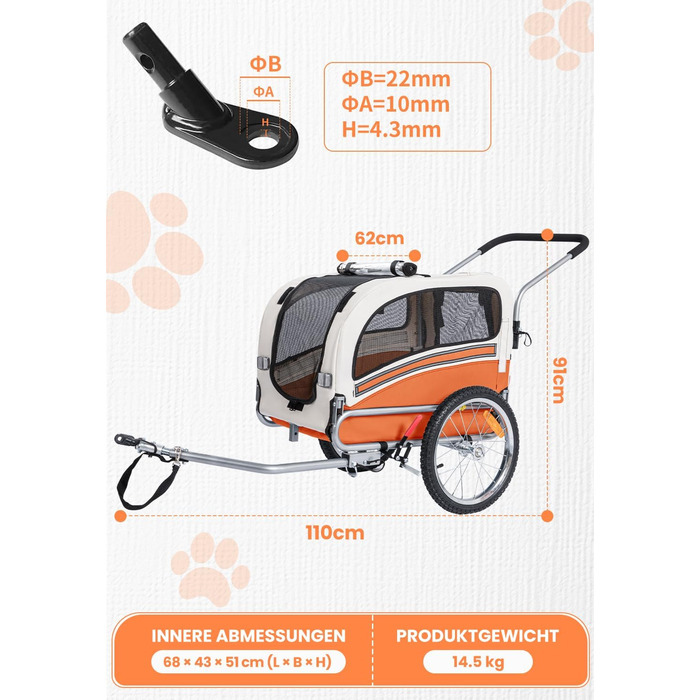 Причіп для собак SEPNINE® 2-в-1 для велосипеда та джоггінгу, до 30 кг, помаранчевий