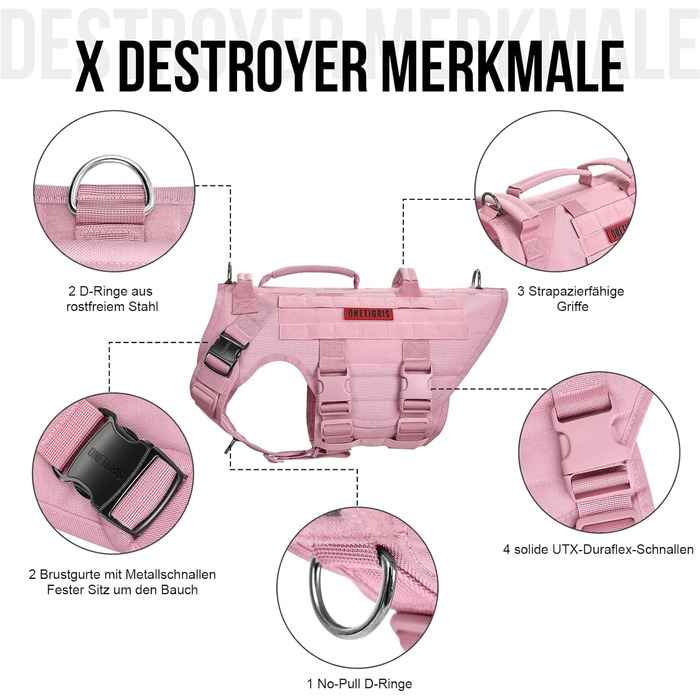 Тактична шлея для собак OneTigris X Destroyer, регульована, проти ривків, з 3 ручками, 2 металевими пряжками, захисна, розмір S, рожева