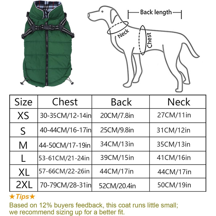 Водонепроникний зимовий теплий одяг для собак, теплий одяг для собак з шлейкою, для маленьких собак, розмір M (довжина спини 34 см), зелений