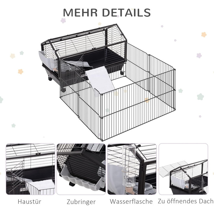 Клітка для дрібних тварин PawHut з розсувним вигулом, для хом'яків, морських свинок, щурів, чорна, 88 x 128,5 x 56 см