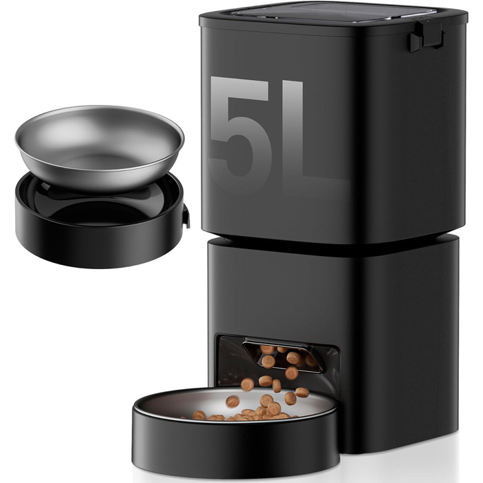 Автомат для годування котів та собак, 5л, чорний. Інтелектуальний диспенсер з програмуванням до 10 прийомів їжі на день