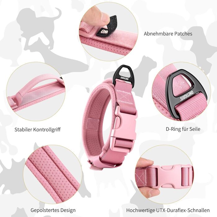 Нашийник для собак OneTigri, тактичний, м'який, з широкою кунттофчасною застібкою та кільцем з алюмінієвого сплаву, (30-40 см), рожевий, XS