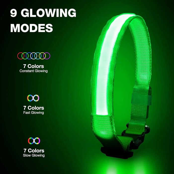 Світлодіодне нашийник для собак Leuchthalsband PcEoTllar, водонепроникний, 7 кольорів, регульований, для маленьких та великих собак, чорний (зелений, S)