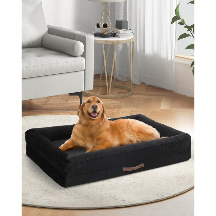 Ортопедичне ліжко для собак XL, корзина для собак, що стирається, з яєцеподібною піною, водонепроникний диван для собак з неслизьким дном та чотиристоронньою подушкою (Чорний, 117x76x19cm)