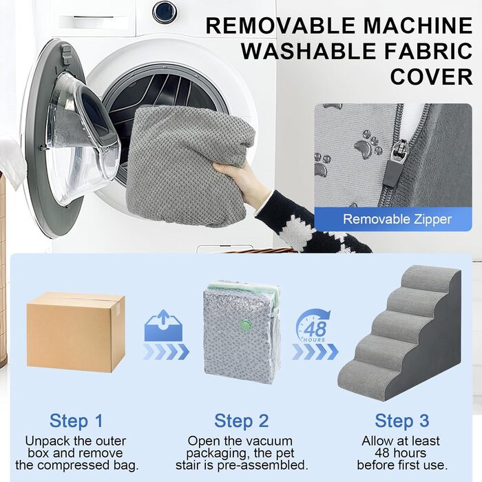 Сходинки для собак та котів, 72 см, 5 сходинок, сірі. Стабільні, з неслизьким покриттям, для доступу на ліжко/диван