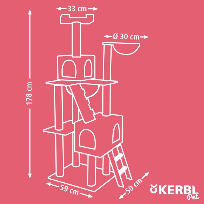 Kerbl Котячий комплекс Square, великий дряпак для кількох котів, з ігровими норами, лежанками, сизалевим канатом і іграшкою-мишею, 59x50x178 см, сірий